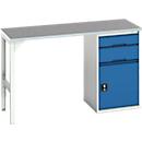 Établi Bott verso, plateau en linoléum, 2 tiroirs, 1 porte, 1 tablette, L 1500 x P 600 x H 930 mm, gris clair / bleu gentiane