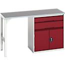 Établi Bott verso, plateau en linoléum, 2 tiroirs, 1 porte, 1 tablette, L 1500 x P 600 x H 930 mm, gris clair / rouge pourpre