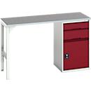 Établi Bott verso, plateau en linoléum, 2 tiroirs, 1 porte, 1 tablette, L 1500 x P 600 x H 930 mm, gris clair / rouge pourpre