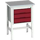 Etabli Bott verso, plateau en linoléum, avec jeu de traverses, 3 tiroirs, L 700 x P 600 x H 780 - 930 mm, gris clair / rouge pourpre