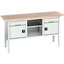 Établi Bott verso, plateau en multiplex, 2 tiroirs, 1 tablette, 2 portes, L 1750 x P 600 x H 830 - 930 mm, gris clair