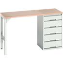Établi Bott verso, plateau en multiplex, 5 tiroirs, L 1500 x P 600 x H 930 mm, gris clair
