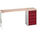 Établi Bott verso, plateau en multiplex, 5 tiroirs, L 2000 x P 600 x H 930 mm, gris clair / rouge pourpre