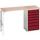 Etabli Bott verso, plateau en multiplex, 7 tiroirs, L 1500 x P 600 x H 930 mm, gris clair / rouge pourpre
