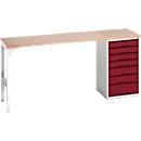 Établi Bott verso, plateau en multiplex, 7 tiroirs, L 2000 x P 600 x H 930 mm, gris clair / rouge pourpre