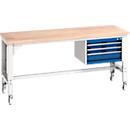 Établi cubio Bott, 4 roulettes, avec armoire suspendue, plateau en hêtre massif, L 2000 x P 750 mm, tôle d'acier, bleu gentiane/gris clair