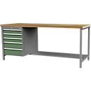 Établi en caisson Bedrunka+Hirth, plateau de travail en multiplex hêtre, 5 tiroirs &amp; demi-étagère, verrouillable, jusqu'à 1000 kg, L 2000 x P 750 x H 859 mm
