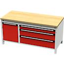 Établi large Otto Kind, modèle 440, plateau en multiplex de hêtre, affleurant, charge maximale 1 400 kg, L 1 697 x P 750 x H 850 mm, acier, verrouillage central, gris clair/rouge feu