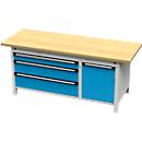 Établi large Otto Kind, type 435, plateau en hêtre multiplex, à rebords, charge maximale 1 400 kg, L 2 004 x P 750 x H 850 mm, acier, verrouillage central, gris clair/bleu clair