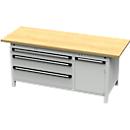Établi large Otto Kind, type 435, plateau en multiplex de hêtre, à rebords, charge maximale 1 400 kg, L 2 004 x P 750 x H 850 mm, acier, verrouillage central, gris clair/gris clair
