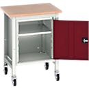 Etabli mobile Bott verso, plateau en multiplex, 1 porte &amp; 1 tablette, roulettes, L 700 x P 600 x H 930 mm, RAL 7035 gris clair / rouge pourpre