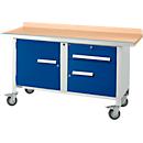 Etabli mobile Schäfer Shop Select PWi 150-3, plateau en hêtre multiplex, avec chant en acier, jusqu'à 400 kg, L 1500 x P 700 x H 840 mm