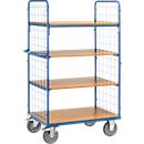 Etagenwagen, 4 Holz-Böden, bis 600 kg, 2-seitige Gitterwände, 1200 x 800 mm, blau