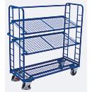 Etagenwagen, Stahl/Drahtgitter, Enzianblau, 3 Etagen, 1650 x 650 mm, Stirnwände mit Rundstahlverstrebung, EasySTOP, bis 400 kg