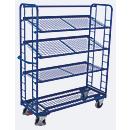 Etagenwagen, Stahl/Drahtgitter, Enzianblau, 4 Etagen, 1650 x 650 mm, Stirnwände mit Rundstahlverstrebung, EasySTOP, bis 400 kg