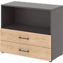 Etagère combinée de bureau TEMPIO, en bois, 2 tiroirs, 2 OH, L 800 x P 340 x H 720 mm, anthracite/chêne caryer