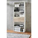 Etagère combinée de bureau TEMPIO, en bois, 2 tiroirs, 6 OH, L 800 x P 330 x H 2130 mm, blanc/chêne Sonoma