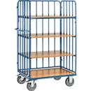 Etagewagen, 4 houten legborden, tot 600 kg, beugels aan 3 zijden, 1000 x 800 mm, staal, blauw