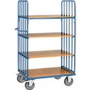Etagewagen, 4 houten legborden, tot 600 kg, kopwanden met steunen, 1200 x 800 mm, staal, blauw