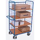 Etagewagen met draadgaas, staal/MDF-plaat, decor gentiaanblauw/beuken, 4 etages, 1175 x 800 mm, EasySTOP, tot 500 kg