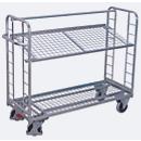 Etagewagen, staal/gaas, zilver, 2 etages, 1650 x 650 mm, 2 kopwanden met ronde stalen verstevigingen, EasySTOP, tot 400 kg
