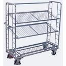 Etagewagen, staal/gaas, zilver, 3 etages, 1650 x 650 mm, 2 kopwanden met ronde stalen verstevigingen, EasySTOP, tot 400 kg