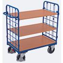 Etagewagen, staal/MDF-plaat, decor gentiaanblauw/beuken, 3 etages, 850 x 500 mm, kopwanden van draadgaas, EasySTOP, tot 400 kg