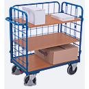 Etagewagen van draadgaas, staal/MDF-plaat, decor gentiaanblauw/beuken, 1 etage, 1000 x 600 mm, inhaakbare langswand, EasySTOP, tot 500 kg
