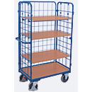 Etagewagen van draadgaas, staal/MDF-plaat, decor gentiaanblauw/beuken, 1 etage, 1200 x 800 mm, inhaakbare langswand, EasySTOP, tot 500 kg
