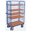 Etagewagen van draadgaas, staal/MDF-plaat, decor gentiaanblauw/beuken, 1 etage, 850 x 500 mm, inhaakbare zijwand, EasySTOP, tot 400 kg