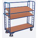 Etagewagens, staal/MDF-plaat, decor gentiaanblauw/beuken, 3 etages, 1650 x 650 mm, kopwanden met ronde stalen verstijving, EasySTOP, tot 400 kg