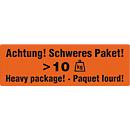 Etiquettes d'avertissement 'Attention ! colis lourds &gt;10 KG', en 3 langues, 149 x 48 mm, perforées, papier adhésif, rouge vif avec impression noire, 1 rouleau de 500 unités