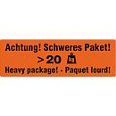 Etiquettes d'avertissement "Attention ! colis lourds &gt;20 KG", en 3 langues, 149 x 48 mm, perforées, papier adhésif, rouge vif avec impression noire, 1 rouleau de 500 unités