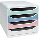 Exacompta Pop Box Schubladenbox, für A4/A4+, aus recyceltem Kunststoff, geschlossene Schubladen, stapelbar, leiser Auszug, 4 Schubladen, farbsortiert