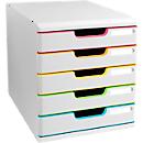 Exacompta Schubladenbox MODULO, modular, A4+, 5 geschlossene Schübe, Griffmulden, Blauer Engel, B 350 x T 320 x H 288 mm, Polystyrol, weiss-harlekin