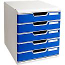 Exacompta Schubladenbox MODULO Office, modular, A4+, 5 geschlossene Schübe, Griffmulden, stapelbar, Blauer Engel, B 350 x T 320 x H 288 mm, PS, blau