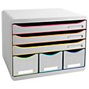 Exacompta STOREBOX blanc/arlequin, 6 tiroirs ouverts A4+ paysage, profondeur 27 cm, glissières silencieuses, arrêt de sécurité, 25 ans