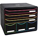 Exacompta STOREBOX noir/arlequin, 6 tiroirs ouverts A4+ paysage, profondeur 27 cm, glissières silencieuses, arrêt de sécurité, 25 ans