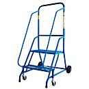 Fahrbare Stehleiter, blau, pulverbeschichteter Stahlrahmen, 2 Lenkrollen und 2 Rollen