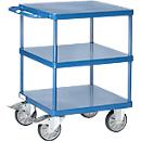 Fetra 2416B tafelwagen, tot 500 kg, 3 etages met plateaus, laadvlak L 600 x B 600 mm, TPE-banden, duwbeugel, staal, glanzend blauw