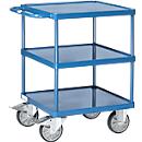 Fetra 2416W tafelwagen, tot 500 kg, 3 etages met bakjes, laadvlak L 600 x B 600 mm, TPE-banden, duwbeugel, staal, glanzend blauw