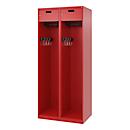 Feuerwehrspind C+P Evolo PRAKTUS, 2 Abteile, mit Sockel, Bodengleiter, B 800 x T 500 x H 1850 mm, RAL 3000 Feuerrot