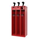 Feuerwehrspind C+P Evolo PRAKTUS, 3 Abteile, Helmhalter, mit Sockel, Bodengleiter, B 900 x T 500 x H 1850 mm, RAL 3000 Feuerrot