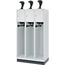 Feuerwehrspind C+P Evolo Youngster, 3 Abteile, mit Helmhalter, mit Sockel, B 900 x T 500 x H 1630 mm, RAL 7035 Lichtgrau/RAL 7016 Anthrazitgrau