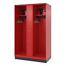 Firefighter locker C+P Evolo Maxi, 4 compartments for 2 persons, with helmet holder, with base, W 1200 x D 600 x H 1950 mm, RAL 3000 fire red/RAL 7016 anthracite gray