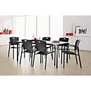 Gama completa de mesas e 6 cadeiras empilháveis, largura da mesa 1600 mm, com apoio de braço