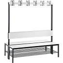Garderobebank Basic Plus, 2-zijdig, rugleuning, met schoenenrek, beenframe zwart-grijs RAL 7021, B 1500 mm, decor wit