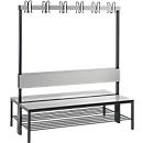 Garderobebank Basic Plus, 2-zijdig, rugleuning, met schoenenrek, pootstel zwartgrijs RAL 7021, B 1500 mm, decor zilvergrijs