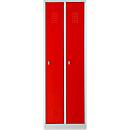 Garderobekast, 2 deuren, B 600 x H 1800 mm, draaigrendelslot, lichtgrijs/ vuurrood