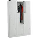 Garderobekast, 6 vakken met hoedenplank &amp; kledingstang en 6 vakken, Z-deuren, cilinderslot, met sokkel, B 1200 x D 450 x H 1850 mm, gepoedercoat staal, lichtgrijs/lichtgrijs